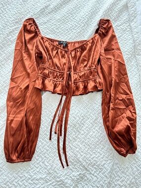 Rust Long-Sleeve Cropped Peasant Top